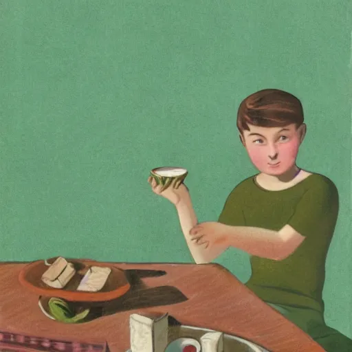 Prompt: poster drawing from 1 9 2 8 of a boy age 1 2 sitting by a table eating butter. army green background