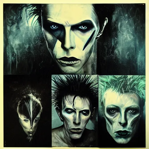 Image similar to stunning portrait of gaunt david bowie a ( the cure fan ) as dream from sandman, dim stars as eyes, by jeremy mann, by cedric peyravernay, by by russ mills, by richard avedon and ben templesmith, dramatic lightning, sadness, dark eye sockets, in the shadows, punk rock, gothic, high detailed, 8 k