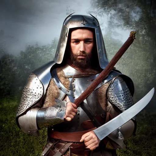 Image similar to portrait photograph of a medieval warrior from koingation, human with wolf ears and a wolf tail, holding an arming sword wearing light leather armor, fantasy character design, hyper realistic