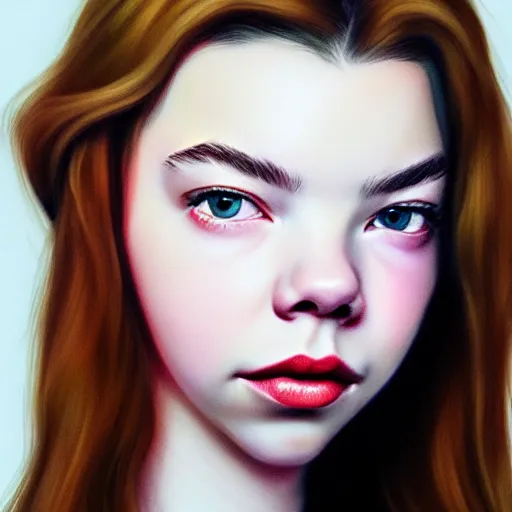 Image similar to hyper realistic photo of a beautiful female model portrait in the style of anya taylor joy