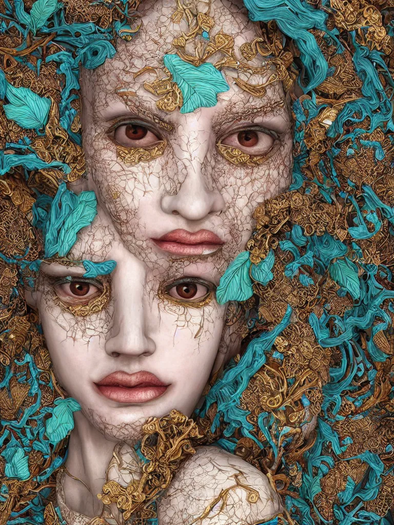 Prompt: cinema 4d colorful render, organic, ultra detailed, of a painted realistic porcelain face, with textured skin and white eyes. biomechanical android, analog, macro lens, beautiful natural soft rim light, big leaves, winged insects and stems, roots, fine foliage lace, turquoise gold details, Alexander Mcqueen high fashion haute couture, art nouveau fashion embroidered, intricate details, mesh wire, mandelbrot fractal, anatomical, facial muscles, cable wires, elegant, hyper realistic, in front of dark flower pattern wallpaper, ultra detailed, 8k post-production
