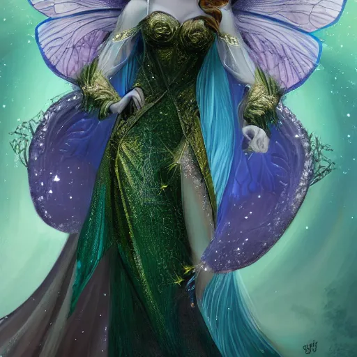 Prompt: detailed portrait of a fairy queen with wings wearing a silk robe, pixie, iris, realism, emerald, galaxy, sapphire,blonde hair going down to the floor, moonlit, , dark fantasy, detailed, magical, fairy, elf, dramatic lighting, cgsociety, artstation