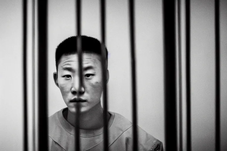 Image similar to an 8 5 mm portrait of a justin sun as night king in prison looking through the bars of his cell, by annie leibovitz, shallow depth of field, cinematic lighting