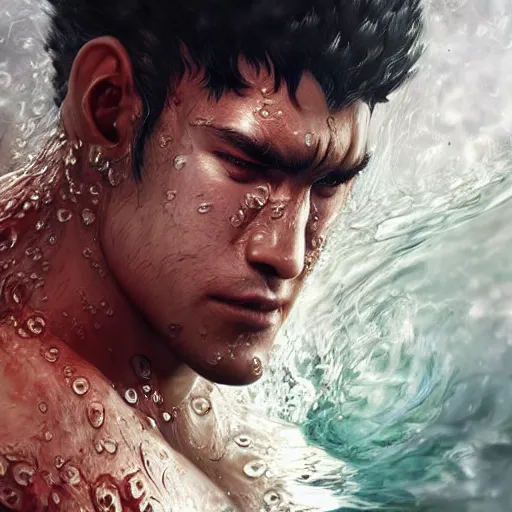 Image similar to photorealistic shockingly amazing portrait of guts from berserk submerged in water ,extremely detailed, made by wlop and maxwell boas