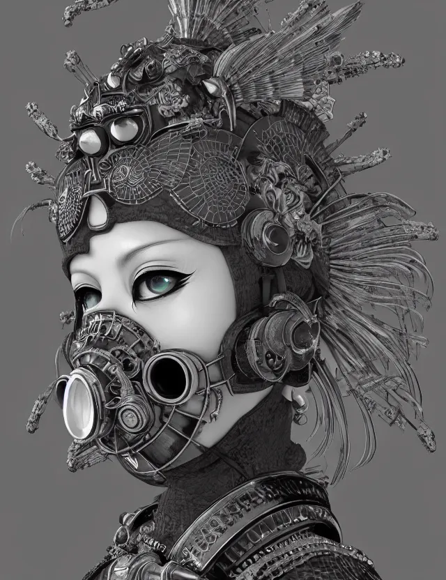 Image similar to 3 d goddess close - up profile punk portrait with vintage gas mask ram skull. beautiful intricately detailed japanese crow kitsune mask and clasical japanese kimono. betta fish, jellyfish phoenix, bio luminescent, plasma, ice, water, wind, creature, artwork by tooth wu and wlop and beeple and greg rutkowski