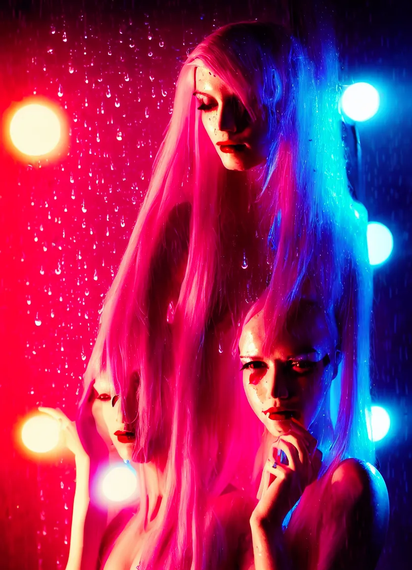 Image similar to woman, android, long white hair, cyberpunk, artificial limbs, circuit, mechanisms, tattoos, neon lights, hard light, glamour, vogue photoshoot, fashion, lens flare, long dress, red dress, raindrops, rain, wet, wet hair, wet fabric, make - up, leaky make - up, red lipstick