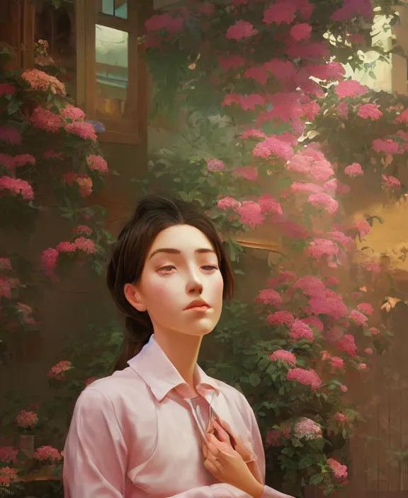 Prompt: an ultradetailed beautiful portrait painting of a girl as a floral shop keeper, side view, oil painting, high resolution, by ilya kuvshinov, greg rutkowski and makoto shinkai