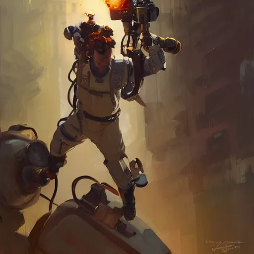 Prompt: greg manchess portrait painting of armored ghostbuster peter venkman overwatch character, medium shot, asymmetrical, profile picture, organic painting, sunny day, matte painting, bold shapes, hard edges, street art, trending on artstation, by huang guangjian and gil elvgren and sachin teng