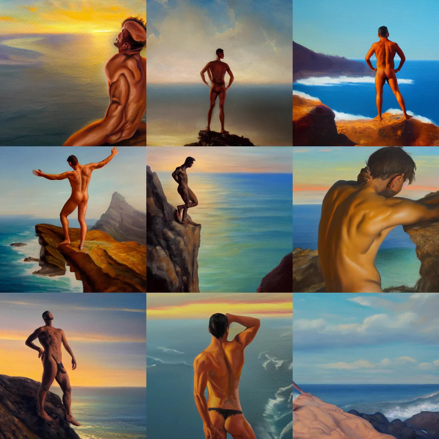 Prompt: oil painting, closeup of an extremely musuclar topless man poses on the top of a cliff over the ocean during sunrise