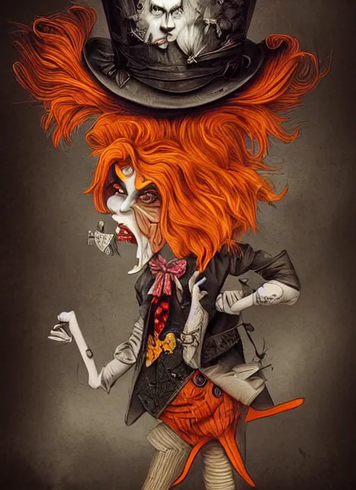 Prompt: a photorealistic dramatic hyperrealistic portrait render of an eerie mad hatter character with orange hair from alice in wonderland by joe fenton, poster art design, intricate details, beautiful dynamic dramatic dark moody tones and lighting, shadows, cinematic atmosphere, octane render, 8 k