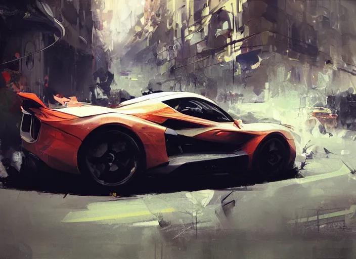 Prompt: sport car in a crowded city, on the street. style by simon bisley, ismail inceoglu, wadim kashin, filip hodas, benedick bana, and andrew atroshenko.