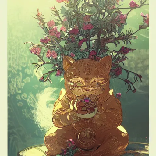 Prompt: A cute maneki neko waving, flowers around, D&D, fantasy, intricate, cinematic lighting, highly detailed, digital painting, artstation, concept art, smooth, sharp focus, illustration, art by Akihiko Yoshida, Greg Rutkowski and Alphonse Mucha