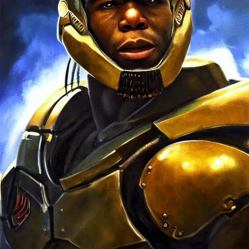 Image similar to ultra realistic portrait painting of giannis antetokounmpo as master chief, art by frank frazetta, 4 k, ultra realistic, highly detailed, epic lighting