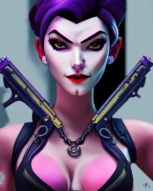 Image similar to widowmaker from overwatch, intricate details, highly detailed, in the style of gta game cover art