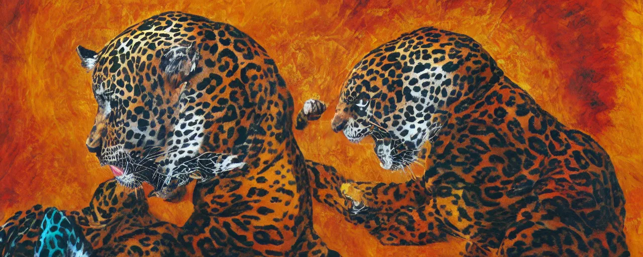 Image similar to the painting of a shaman turning into a jaguar 4 k render