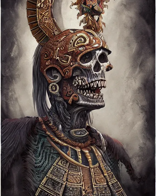 Prompt: digital painting of cizin, undead mayan god of death by filipe pagliuso and justin gerard, symmetric, fantasy, highly detailed, realistic, intricate, portrait, sharp focus, tarot card