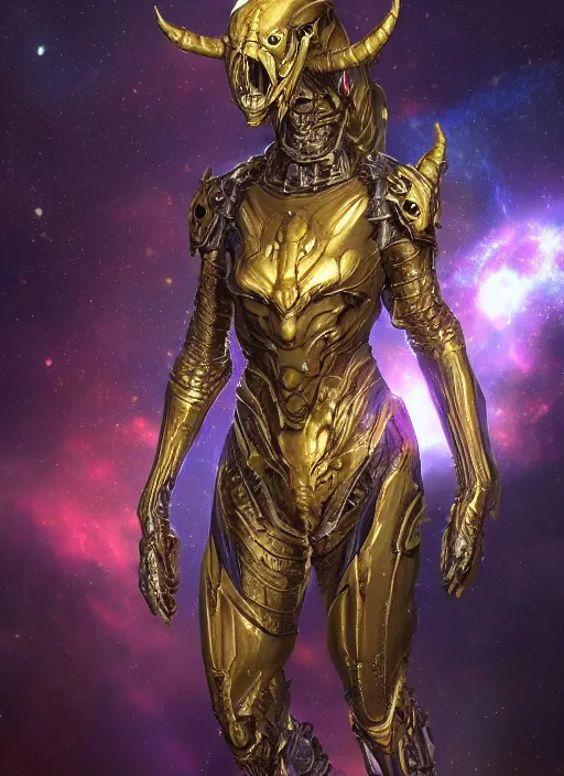Image similar to a space demon wearing a cosmic armor on space, au naturel, hyper detailed, digital art, trending in artstation, cinematic lighting, studio quality, smooth render, unreal engine 5 rendered, octane rendered, art style by klimt and nixeu and ian sprigger and wlop and krenz cushart