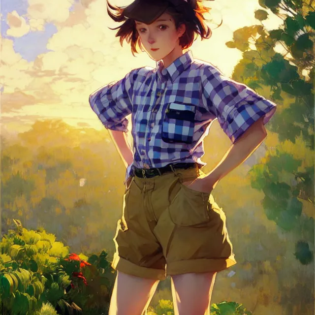 Prompt: a female character inspired by an african wild dog, flannel shirt and shorts, short hair, basic background, krenz cushart, mucha, ghibli, by joaquin sorolla rhads leyendecker, by ohara koson