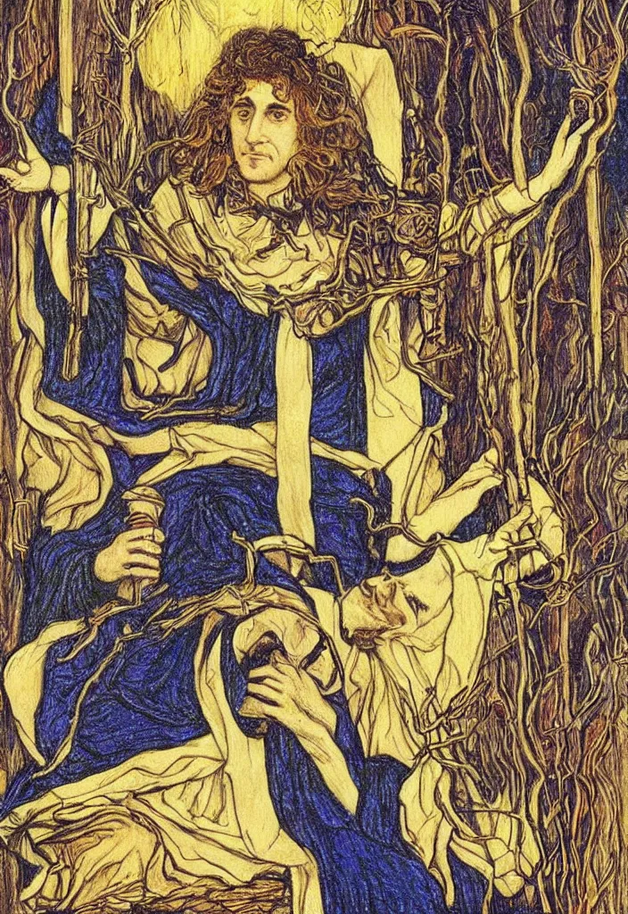 Image similar to Yoshua Bengio scientist drawn on the Tarot card. Illustration by preraphaelists.