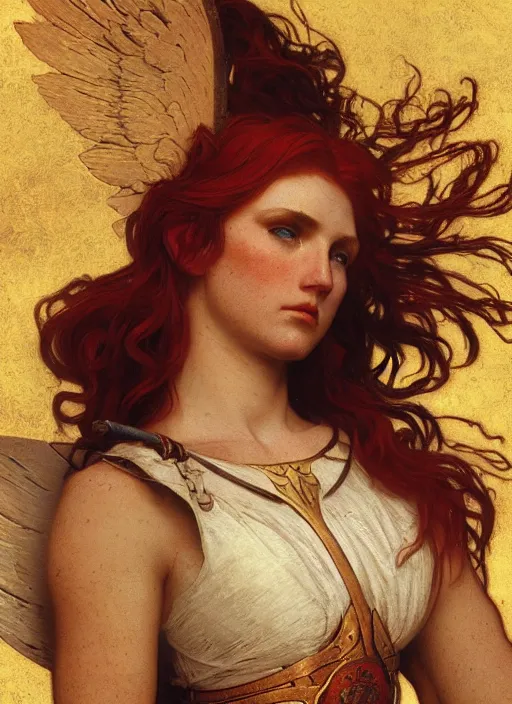 Image similar to face matte portrait of a beautiful red haired valkyrie in a heroic pose and wearing thick bronze plate armo art by albert bierstadt, alphonse mucha, andreas rocha, greg rutkowski, sharp edges. ultra clear detailed. 8 k. elegant. octane render