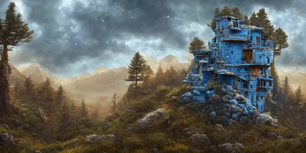 Prompt: blue spaceship covered by rusty lichen and pines on top of mountain, by amandine van ray and christophe vacher, cloudy, dreamy, detailed, 4k resolution