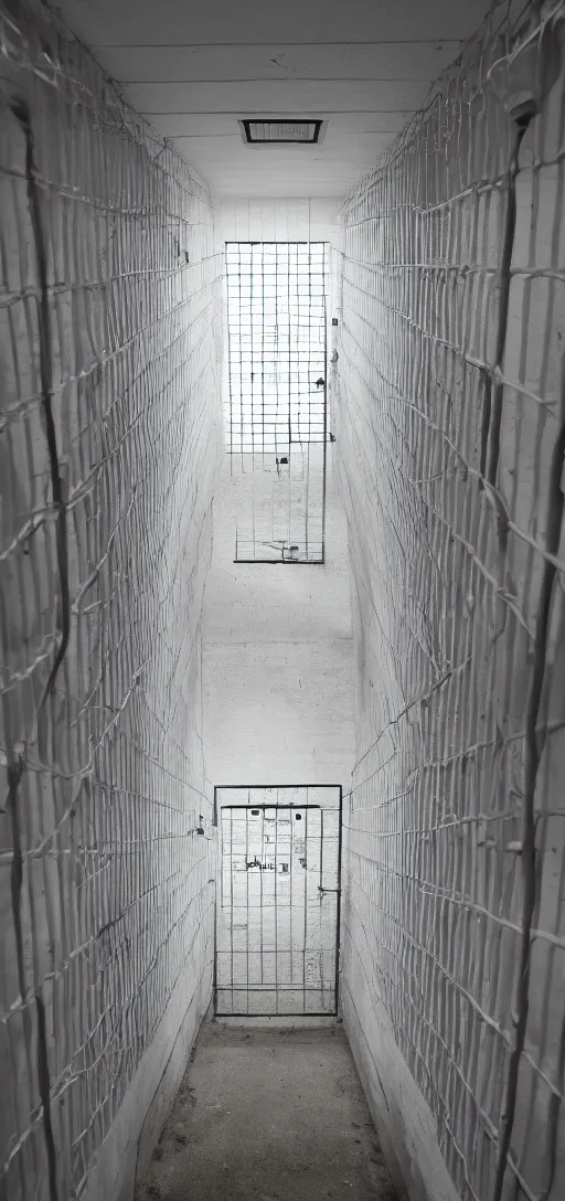 Image similar to a white claustrophobic prison cell,