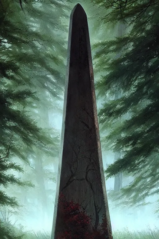 Image similar to greg rutkowski poster. ancient obelisk in the woods