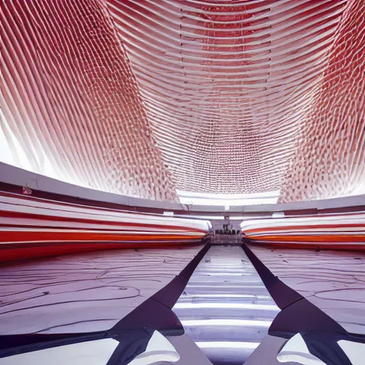 Image similar to interior of a futuristic lotus temple space station with gold, red and white marble panels, by santiago calatrava and zaha hadid and buckminster fuller and syd mead, intricate contemporary architecture, photo journalism, photography, cinematic, national geographic photoshoot