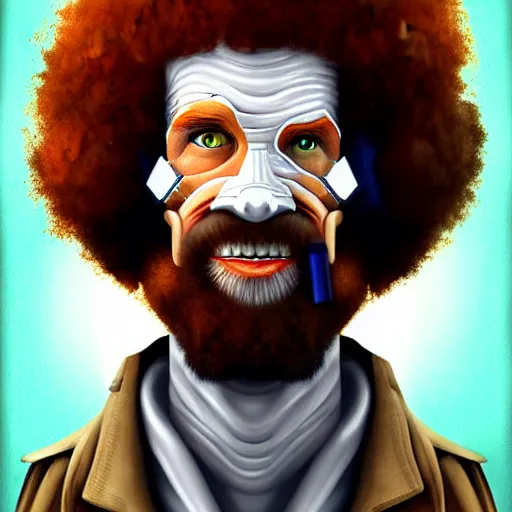 Prompt: cyborg bob ross by vitorugo, by mateus 9 5, realistic background, highly detailed, concept art, smooth, sharp focus, illustration of