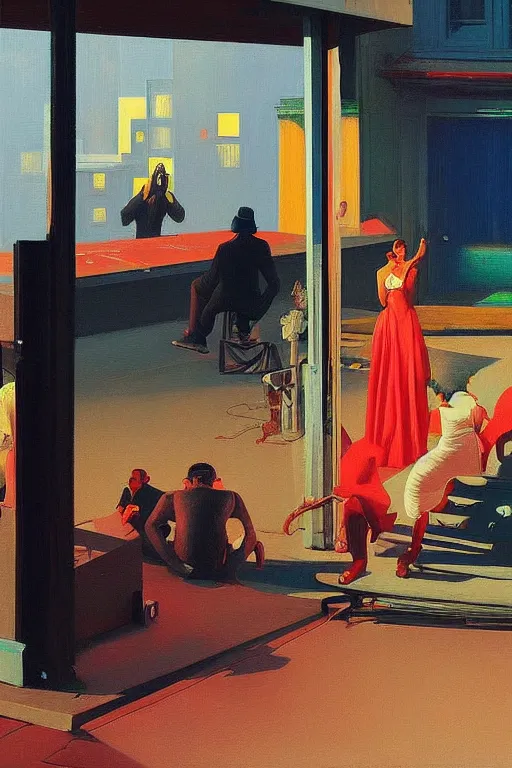 Image similar to a rap concert, a set of dj hiphop style on harlem street, Edward Hopper and James Gilleard, Zdzislaw Beksisnski, highly detailed