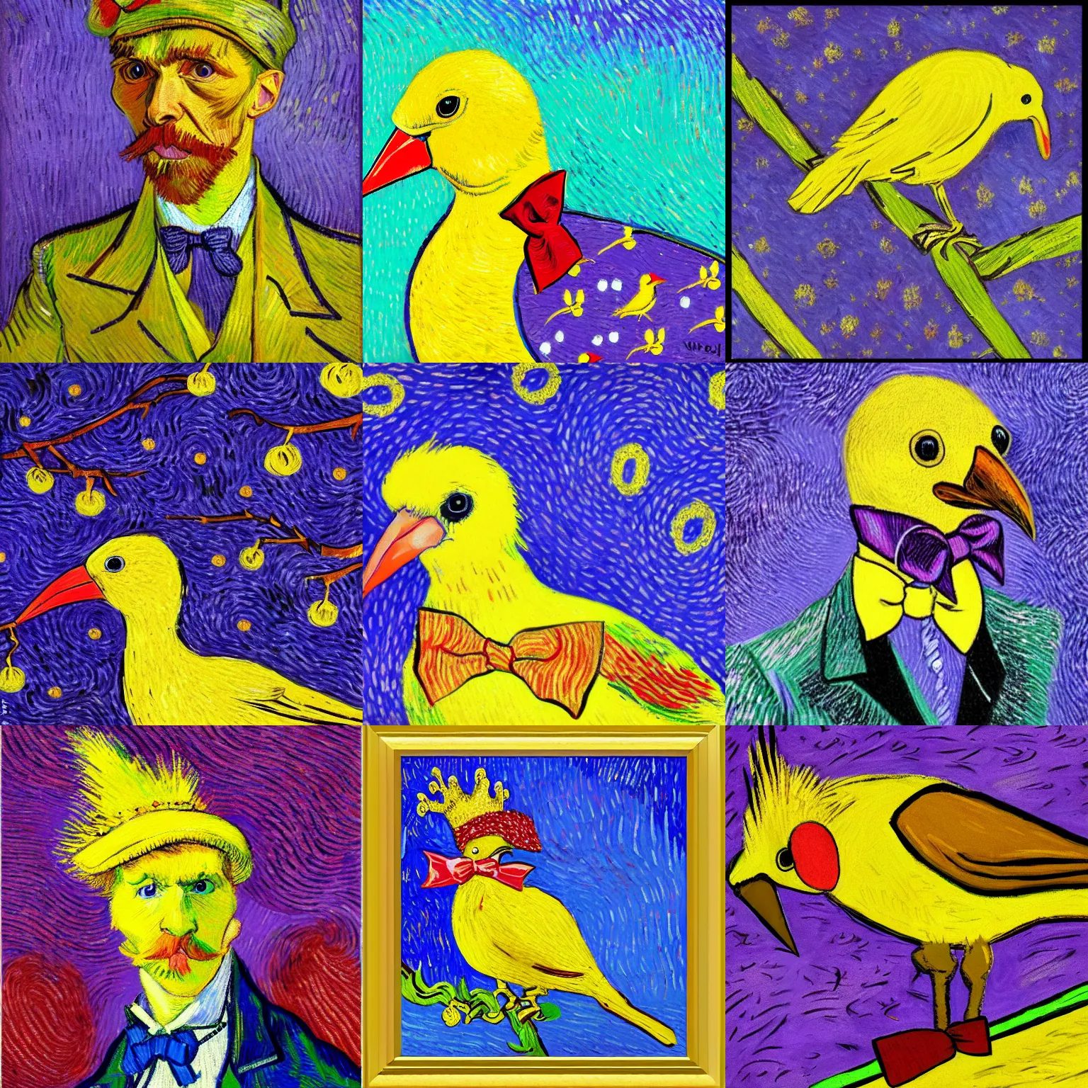 Prompt: an elegant yellow bird with a red bow tie and a crown in the style of vincent van gogh, purple background, post-impressionism, high quality, detailed, 4k