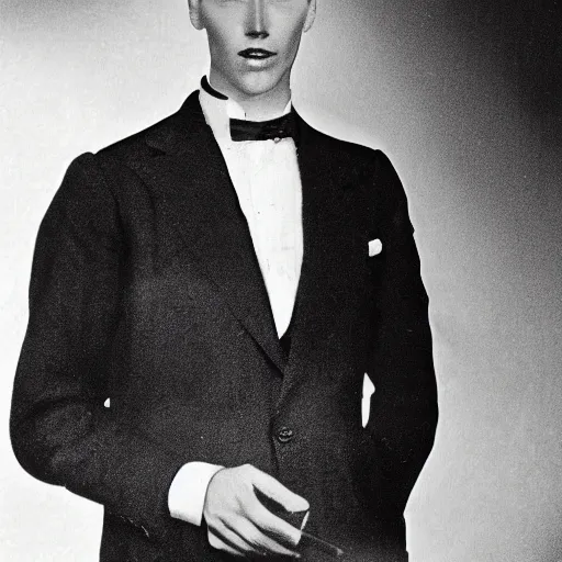 Image similar to A photograph portrait of Jerma985 wearing a suit with short slicked hair in the early 1930s, taken in the early 1930s, grainy, taken on a early 1930s Kodak Camera, realistic, hyperrealistic, very realistic, highly detailed, very detailed, extremely detailed, detailed, digital art, trending on artstation