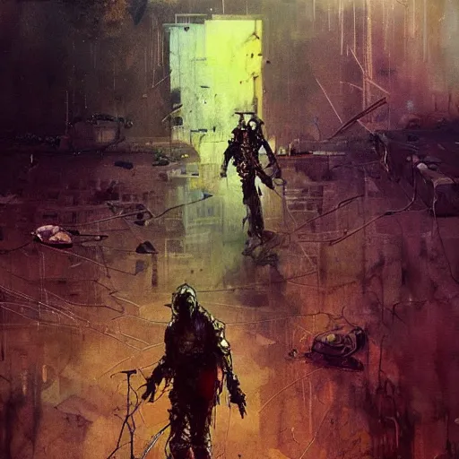 Prompt: the last wanderer of earth, post - apocalyptic wasteland, wires cybernetic implants, in the style of adrian ghenie, esao andrews,