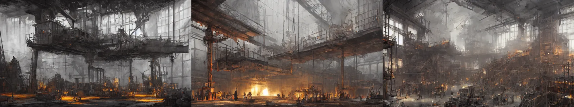 Prompt: interior of steel foundry with cranes, conveyer lines and engineers, papyrus, watercolored, jakub rozalski, dark colours, dieselpunk, artstation