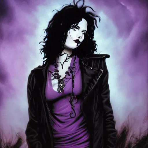 Prompt: A portrait of the character, Death, a young Goth girl wearing a black vest, Vertigo Comics, The Sandman written by Neil Gaiman, against a stormy purple sky