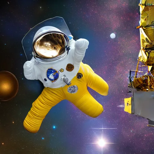 Image similar to high-energy full body main coon TY beanie baby wears a spacesuit and floats close-up next to the james webb space telescope in outer space, 8k highly professionally detailed, HDR, photorealistic