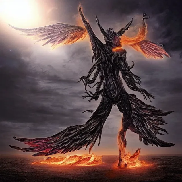 Image similar to a demon with huge nacreous fire wings, standing in shadows of the cosmic glowing sun behind, realistic horrors, cosmic dark vibes evil incarnate, photo pic by hyperrealism