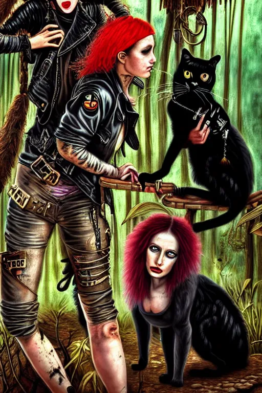 Image similar to punk rock girls making selfie with black cats in jungle , 1980 style, mad max jacket, post apocalyptic, renaissance, highly detailed, digital painting, 4k, oil painting by Leonardo Da Vinci, hyper realistic style, fantasy by Olga Fedorova