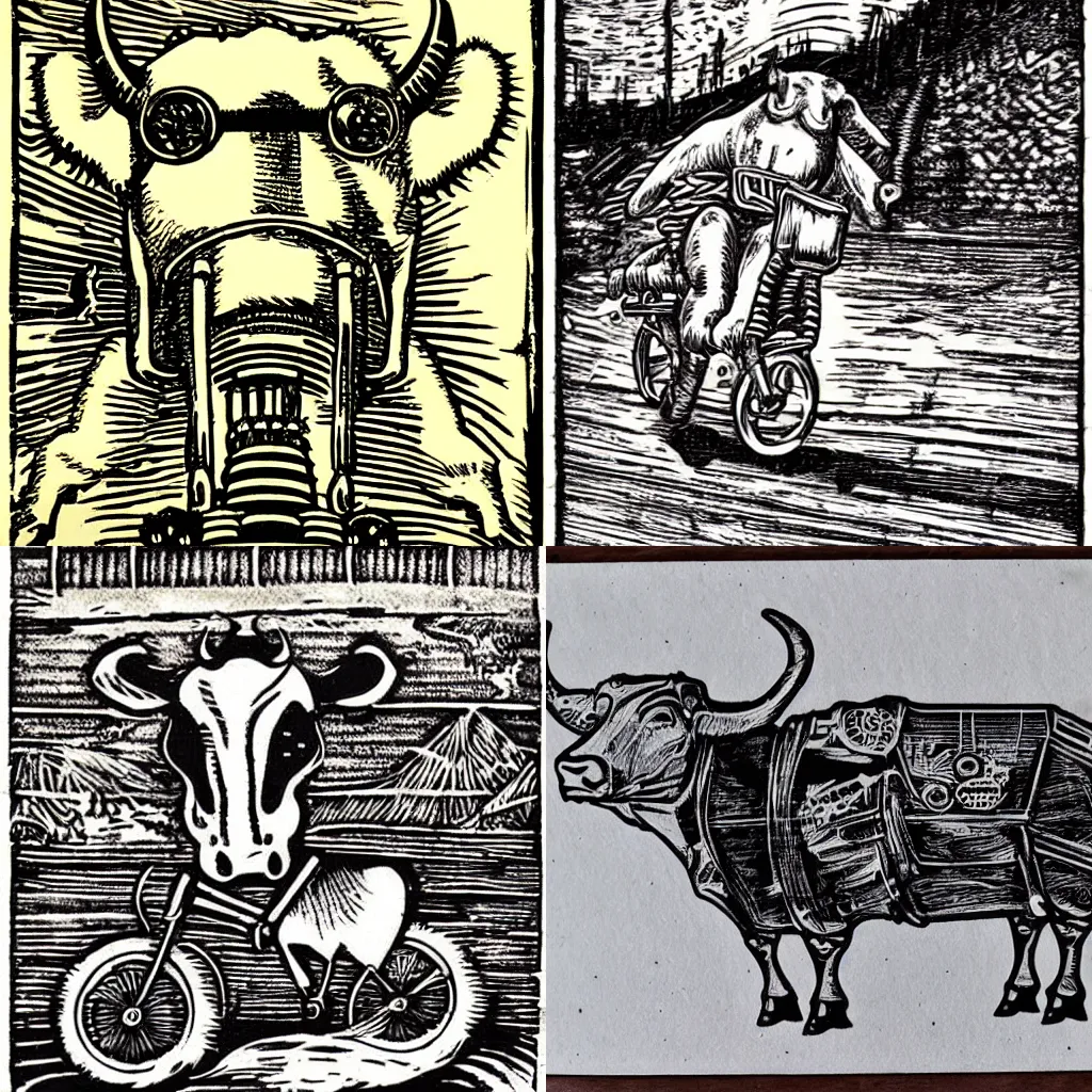 Prompt: steampunk cow on a motercycle woodcut