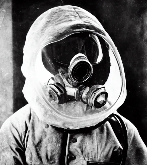 Image similar to man in a anti-radiation hazmat suit and optical gasmask, ww1 film photo, grainy, high detail, high resolution