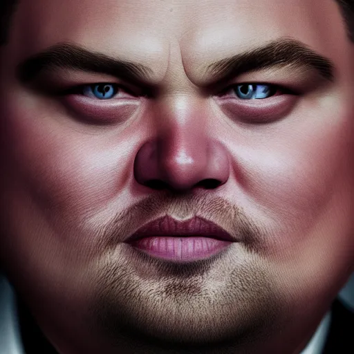 Image similar to hyperrealistic dslr film still of grotesquely morbidly obese leonardo dicaprio, stunning 8 k octane comprehensive 3 d render, inspired by istvan sandorfi & greg rutkowski & unreal engine, perfect symmetry, dim volumetric cinematic lighting, extremely hyper - detailed, extremely lifelike attributes & lifelike texture, intricate, masterpiece, artstation, stunning