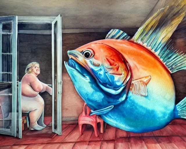 Image similar to an innocent and beautiful scene in hyper realistic style, watercolor and pen oily drawing on wood, of a fat old lady painting a huge colorful fish on the wall, lighting from the barred window. shadows. 4 k. wide angle. wild mood. red mouth, blue eyes. deep focus, lovely scene. ambient occlusion render. unreal engine.