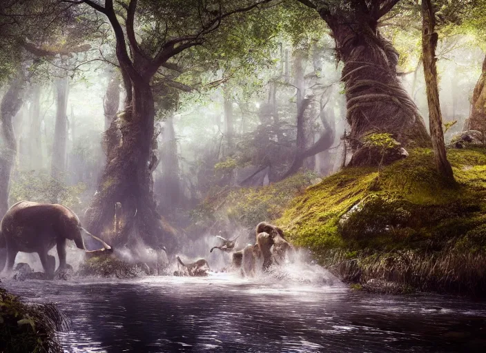 Image similar to hyperrealism, detailed textures, photorealistic, 3 d render, a surreal mystical forest with a bright winding creek with a herd of wooly mammoths grazing, ultra realistic cinematic, intricate, cinematic light, concept art, illustration, art station, unreal engine