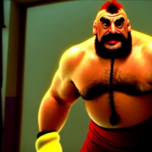 Prompt: mr. bean as zangief from the streetfighter movie. movie still. cinematic lighting.
