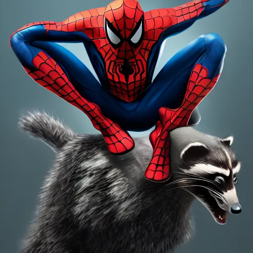 Image similar to spider - man sit on the raccoon and eating donuts, concept art, trending on artstation, highly detailed, intricate, sharp focus, digital art, 8 k