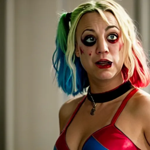 Image similar to A still of Kaley Cuoco as Harley Quinn