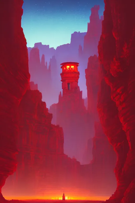Image similar to ancient red glowing temple overlooking a canyon, shooting stars in the sky, dramatic lighting, artstation, matte painting, ralph mcquarrie, simon stalenhag