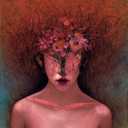 Image similar to a beautiful woman, a beautiful woman, epic floral composition of deadly silence, intense emotion, powerful painting, gritty feeling, imagining a blissful fate, hope, anger, rage, willing, deconstructed, chaotic, expressive, neo-expressionism, by Francis Bacon, by Beksinski, by Abbas Kiarostami, by Kurosawa, by Hokusai, war photography, colorful, dreams, photojournalism