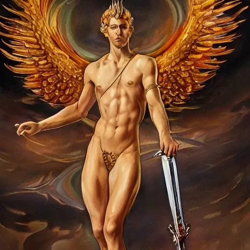 Prompt: CGI oil painting portrait stunning, breathtaking, awe-inspiring award-winning ground-breaking concept art nouveau painting of sophisticated portrayal of Lucifer, invincible and triumphant over the Heavens, with anxious, piercing eyes, exquisite and handsome wings, the morning star bright and splendor in the background, holding in his hands his flaming sword, by Michelangelo, hand drawn, realistic, intricate detail, finely detailed, small details, extra detail, hyper detail, symmetrical, high resolution, 3D, PBR, path tracing, volumetric lighting, octane render, path tracing, 8k, 3-point perspective, unreal engine 5,DAZ, IMAX quality, polished, photoshopped n-8