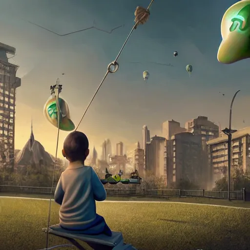 Image similar to masterful digital art, eye - level view, medium - shot, baby yoda is at the busy school playground in a cyberpunk city. baby yoda smiles and plays on a swing set. golden hour. realism, detailed, depth, chiaroscuro, limited color palette. in the background some balloons float in the sky. mandalorian ( tv ).